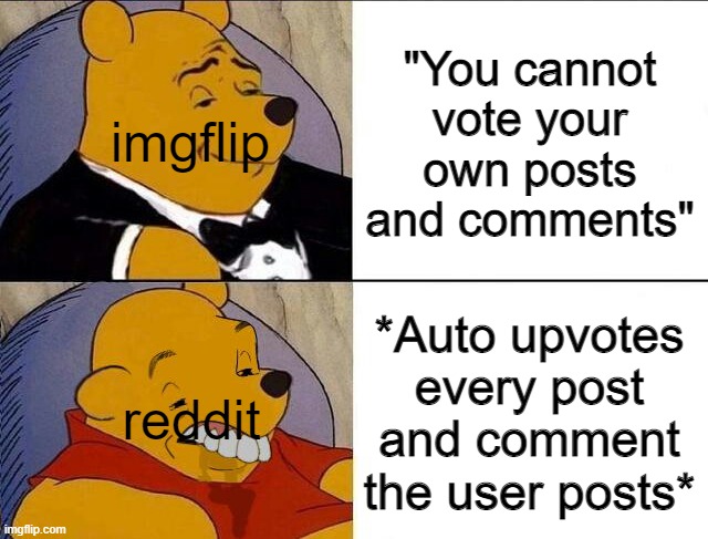 More accurate vote counts | "You cannot vote your own posts and comments"; imgflip; *Auto upvotes every post and comment the user posts*; reddit | image tagged in tuxedo winnie the pooh grossed reverse | made w/ Imgflip meme maker