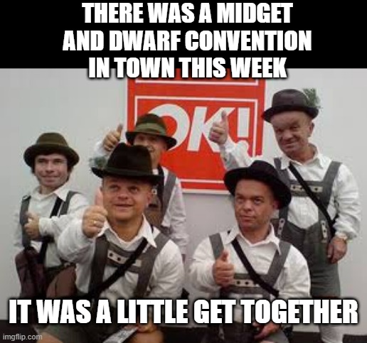 Convention | THERE WAS A MIDGET AND DWARF CONVENTION IN TOWN THIS WEEK; IT WAS A LITTLE GET TOGETHER | image tagged in little people | made w/ Imgflip meme maker