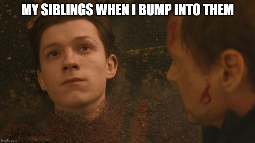 Every single time | MY SIBLINGS WHEN I BUMP INTO THEM | image tagged in mr stark i don't feel so good | made w/ Imgflip meme maker