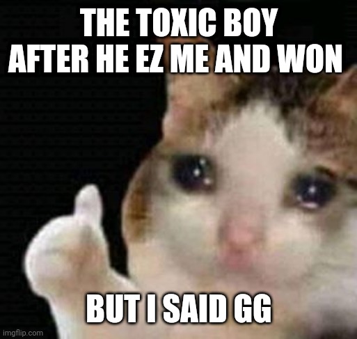 Only happens rarely | THE TOXIC BOY AFTER HE EZ ME AND WON; BUT I SAID GG | image tagged in sad thumbs up cat,gaming,cats | made w/ Imgflip meme maker