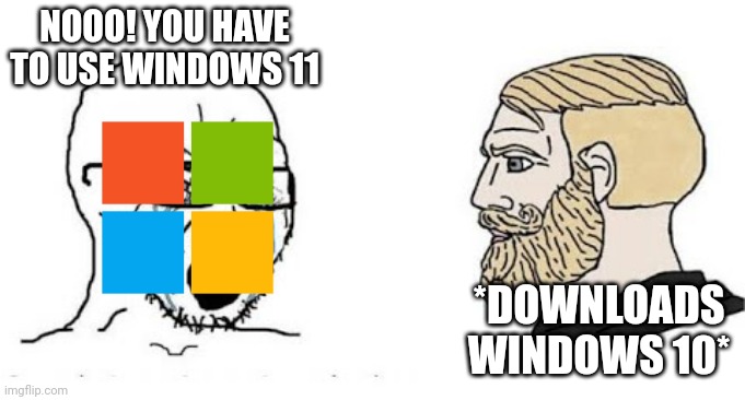 E |  NOOO! YOU HAVE TO USE WINDOWS 11; *DOWNLOADS WINDOWS 10* | image tagged in soyjak vs chad | made w/ Imgflip meme maker