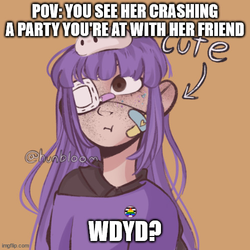 Blook's OC | POV: YOU SEE HER CRASHING A PARTY YOU'RE AT WITH HER FRIEND; WDYD? | image tagged in kingolly's oc | made w/ Imgflip meme maker