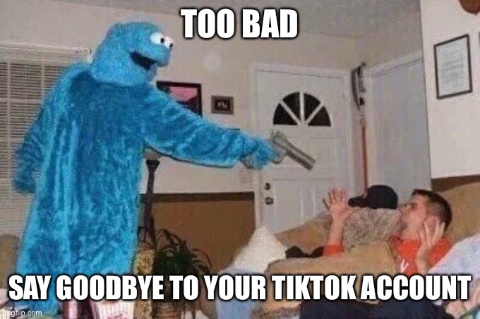 Cursed Cookie Monster | TOO BAD SAY GOODBYE TO YOUR TIKTOK ACCOUNT | image tagged in cursed cookie monster | made w/ Imgflip meme maker