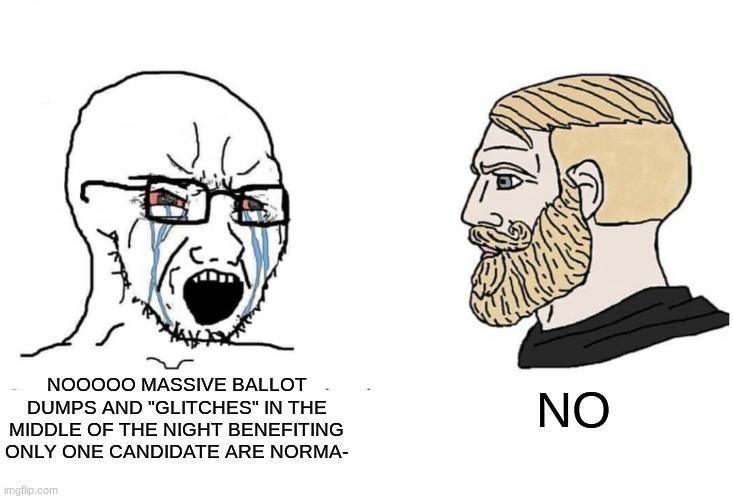 Soyboy Vs Yes Chad | NOOOOO MASSIVE BALLOT DUMPS AND "GLITCHES" IN THE MIDDLE OF THE NIGHT BENEFITING ONLY ONE CANDIDATE ARE NORMA- NO | image tagged in soyboy vs yes chad | made w/ Imgflip meme maker