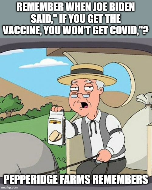 Pepperidge Farm Remembers | REMEMBER WHEN JOE BIDEN SAID," IF YOU GET THE VACCINE, YOU WON'T GET COVID,"? PEPPERIDGE FARMS REMEMBERS | image tagged in memes,pepperidge farm remembers | made w/ Imgflip meme maker