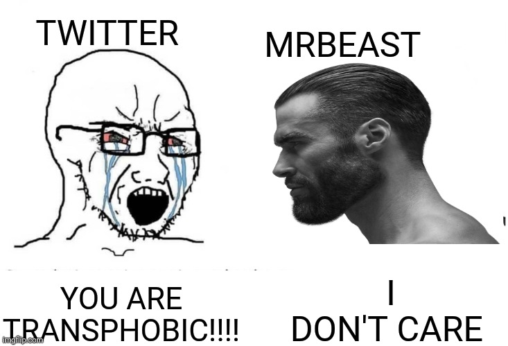 MRBEAST; TWITTER; I DON'T CARE; YOU ARE TRANSPHOBIC!!!! | made w/ Imgflip meme maker