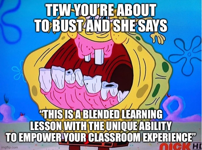 TFW YOU’RE ABOUT TO BUST AND SHE SAYS; “THIS IS A BLENDED LEARNING LESSON WITH THE UNIQUE ABILITY TO EMPOWER YOUR CLASSROOM EXPERIENCE” | made w/ Imgflip meme maker