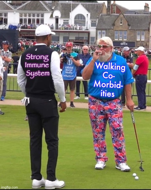 The picture of health | Strong
Immune
 System; Walking
Co- 
Morbid- 
ities | image tagged in john daly and tiger woods | made w/ Imgflip meme maker