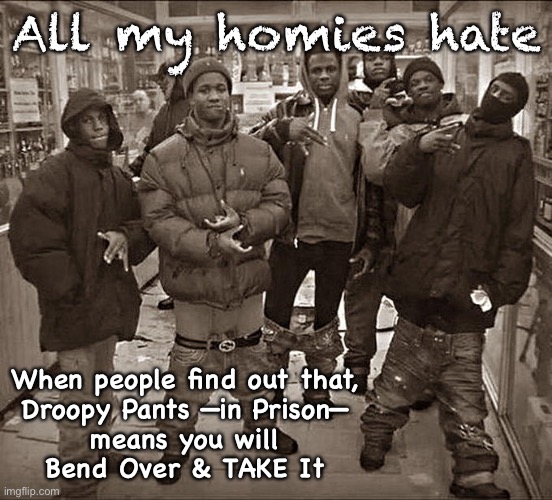 Do YOU?    Not me.    I keep it locked up.  I wear a belt | All my homies hate; When people find out that,
Droopy Pants —in Prison—
means you will
Bend Over & TAKE It | image tagged in all my homies hate | made w/ Imgflip meme maker