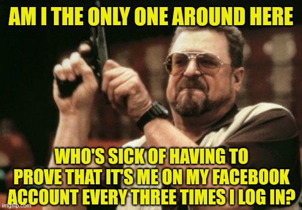 Am I The Only One Around Here | AM I THE ONLY ONE AROUND HERE; WHO'S SICK OF HAVING TO PROVE THAT IT'S ME ON MY FACEBOOK ACCOUNT EVERY THREE TIMES I LOG IN? | image tagged in memes,am i the only one around here | made w/ Imgflip meme maker