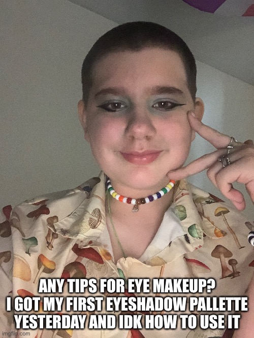 Please no hate, I have zero prior experience | ANY TIPS FOR EYE MAKEUP? I GOT MY FIRST EYESHADOW PALLETTE YESTERDAY AND IDK HOW TO USE IT | image tagged in non binary,lgbtq,they them | made w/ Imgflip meme maker