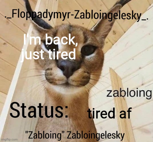 Zabloingelesky's Annoucment temp | I'm back, just tired; tired af | image tagged in zabloingelesky's annoucment temp | made w/ Imgflip meme maker
