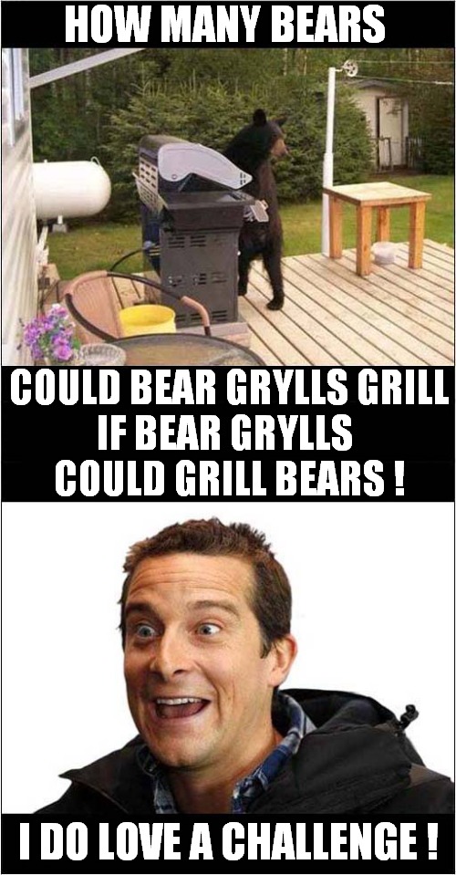 Grilling Bears Challenge ! | HOW MANY BEARS; COULD BEAR GRYLLS GRILL
IF BEAR GRYLLS 
COULD GRILL BEARS ! I DO LOVE A CHALLENGE ! | image tagged in bear grylls,grilling,bears,dark humour | made w/ Imgflip meme maker