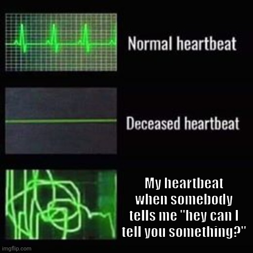 Hey can I tell you something ???? |  My heartbeat when somebody tells me "hey can I tell you something?" | image tagged in heartbeat,oof | made w/ Imgflip meme maker