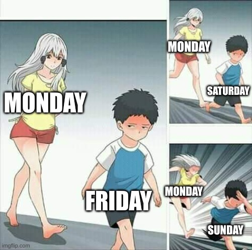 Anime boy running |  MONDAY; SATURDAY; MONDAY; FRIDAY; MONDAY; SUNDAY | image tagged in anime boy running,the weekend | made w/ Imgflip meme maker