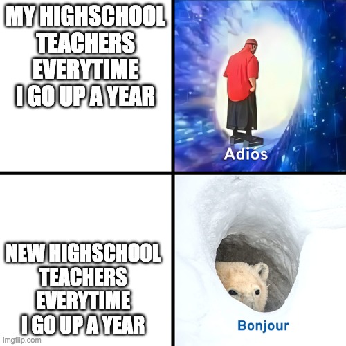 Adios Bonjour | MY HIGHSCHOOL TEACHERS EVERYTIME I GO UP A YEAR; NEW HIGHSCHOOL TEACHERS EVERYTIME I GO UP A YEAR | image tagged in adios bonjour | made w/ Imgflip meme maker