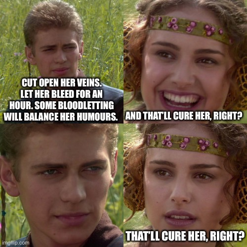 Bloodletting |  CUT OPEN HER VEINS. LET HER BLEED FOR AN HOUR. SOME BLOODLETTING WILL BALANCE HER HUMOURS. AND THAT’LL CURE HER, RIGHT? THAT’LL CURE HER, RIGHT? | image tagged in anakin padme 4 panel,history,historical meme | made w/ Imgflip meme maker