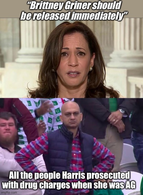 AG Harris would have prosecuted Griner and laughed about it | “Brittney Griner should be released immediately”; All the people Harris prosecuted with drug charges when she was AG | image tagged in kamala harris,disappointed man,politics lol,memes,derp | made w/ Imgflip meme maker