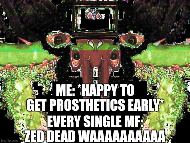 meth flowey | ME: *HAPPY TO GET PROSTHETICS EARLY*; EVERY SINGLE MF: ZED DEAD WAAAAAAAAAA | image tagged in meth flowey | made w/ Imgflip meme maker