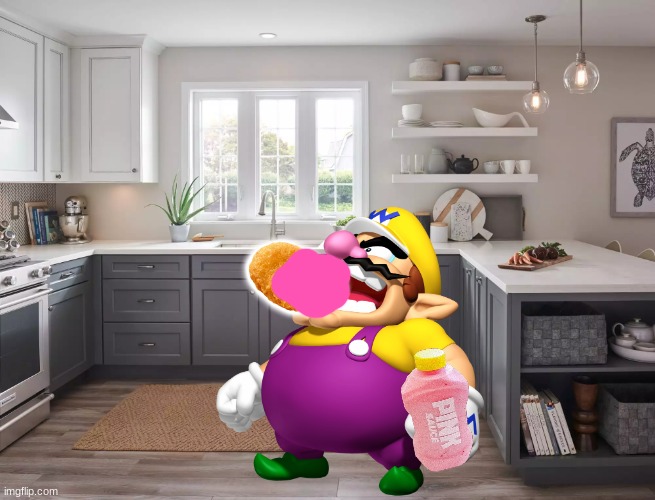 Oh hell naw Wario is eating a chicken nugget with pink sauce | image tagged in kitchen,wario dies,wario,pink sauce,chicken nuggets | made w/ Imgflip meme maker