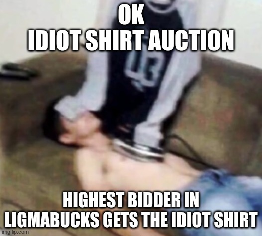 shirt ironing a man | OK
IDIOT SHIRT AUCTION; HIGHEST BIDDER IN LIGMABUCKS GETS THE IDIOT SHIRT | image tagged in shirt ironing a man | made w/ Imgflip meme maker
