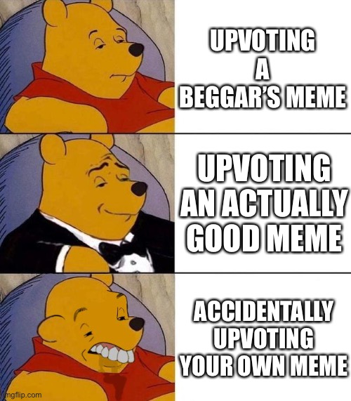 Ever done this? I haven’t |  UPVOTING A BEGGAR’S MEME; UPVOTING AN ACTUALLY GOOD MEME; ACCIDENTALLY UPVOTING YOUR OWN MEME | image tagged in best better blurst,upvote begging,bruh,annoying | made w/ Imgflip meme maker