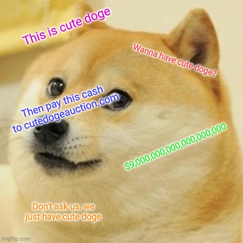 Doge auction | This is cute doge; Wanna have cute doge? Then pay this cash to cutedogeauction.com; $9,000,000,000,000,000,000; Don't ask us, we just have cute doge | image tagged in memes,doge | made w/ Imgflip meme maker