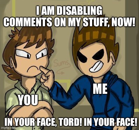 No more commenting! If you wanna be mean, go do it somewhere else! | I AM DISABLING COMMENTS ON MY STUFF, NOW! ME; YOU; IN YOUR FACE, TORD! IN YOUR FACE! | image tagged in in your face tord | made w/ Imgflip meme maker