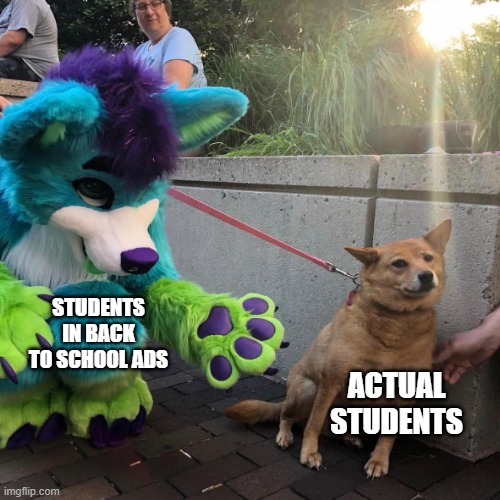 . | STUDENTS IN BACK TO SCHOOL ADS; ACTUAL STUDENTS | image tagged in dog afraid of furry,school,ads,students,furries,memes | made w/ Imgflip meme maker