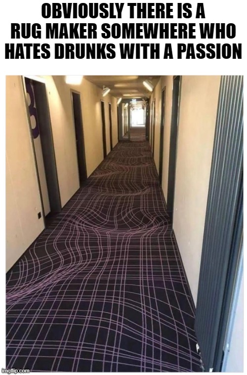  OBVIOUSLY THERE IS A RUG MAKER SOMEWHERE WHO HATES DRUNKS WITH A PASSION | image tagged in rug,drunk,hotel | made w/ Imgflip meme maker