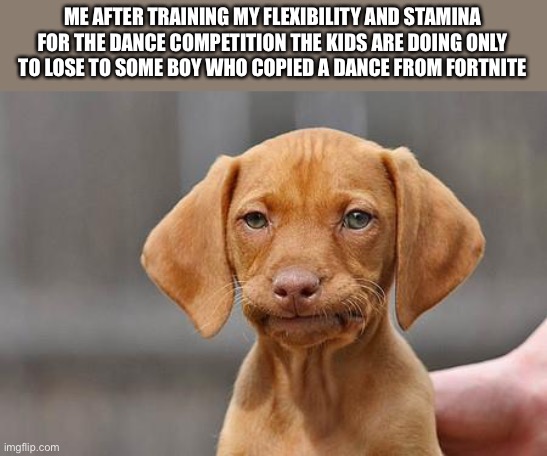 Dissapointed puppy | ME AFTER TRAINING MY FLEXIBILITY AND STAMINA FOR THE DANCE COMPETITION THE KIDS ARE DOING ONLY TO LOSE TO SOME BOY WHO COPIED A DANCE FROM FORTNITE | image tagged in dissapointed puppy | made w/ Imgflip meme maker