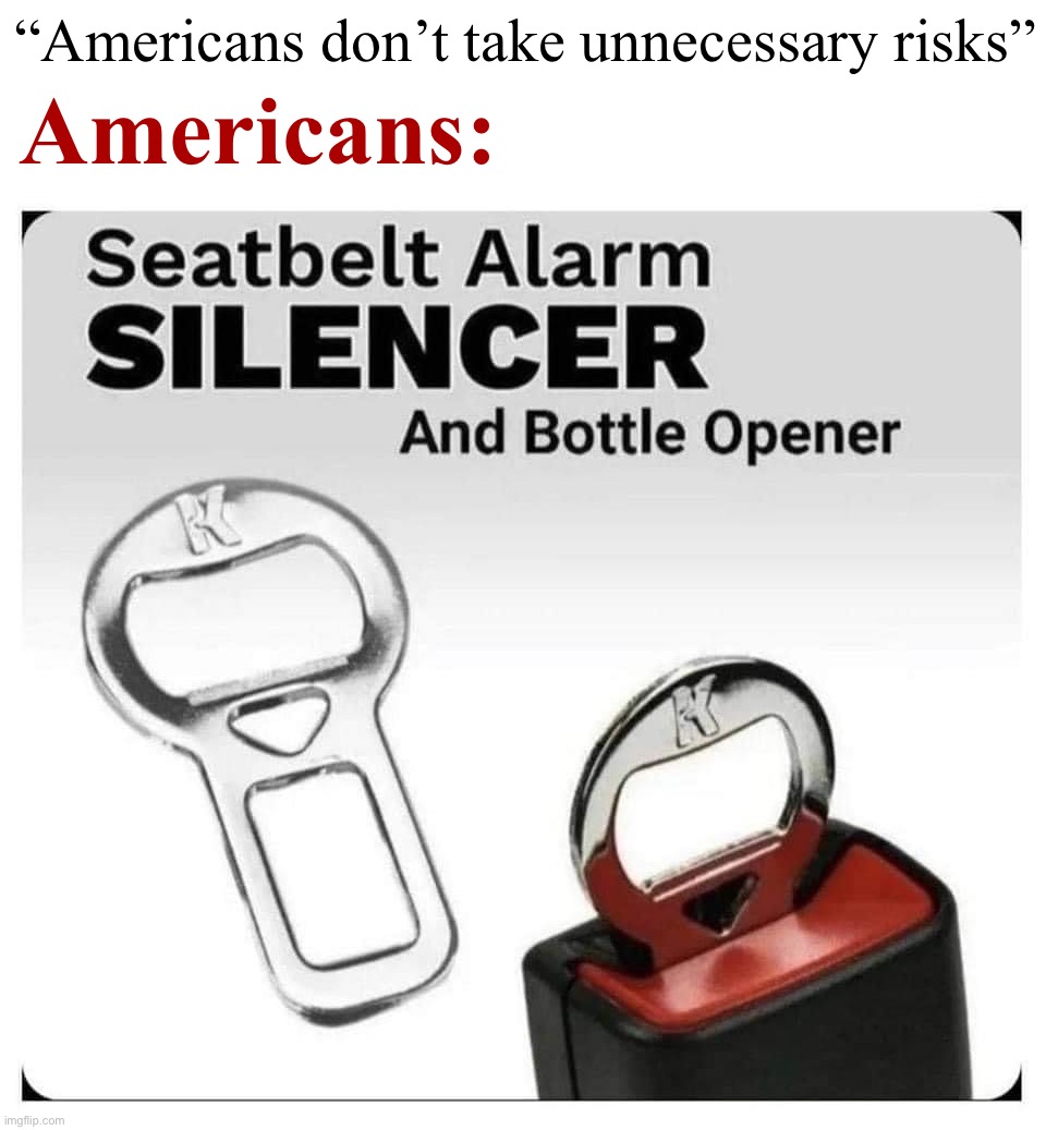 Seatbelt alarm silencer and bottle opener |  Americans:; “Americans don’t take unnecessary risks” | image tagged in seatbelt alarm silencer and bottle opener | made w/ Imgflip meme maker