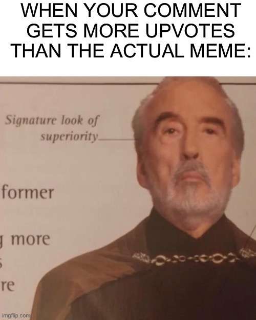 This never happened to me :( |  WHEN YOUR COMMENT GETS MORE UPVOTES THAN THE ACTUAL MEME: | image tagged in signature look of superiority,memes,funny | made w/ Imgflip meme maker