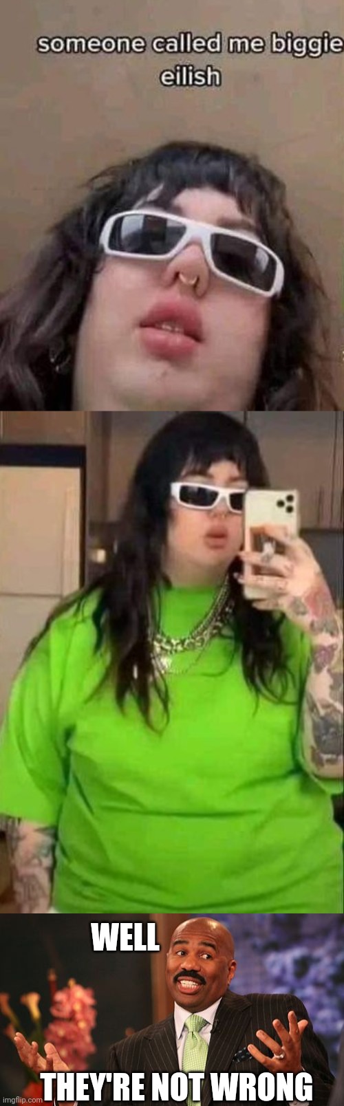 BIGGIE EILISH | WELL; THEY'RE NOT WRONG | image tagged in memes,steve harvey,billie eilish,insult | made w/ Imgflip meme maker