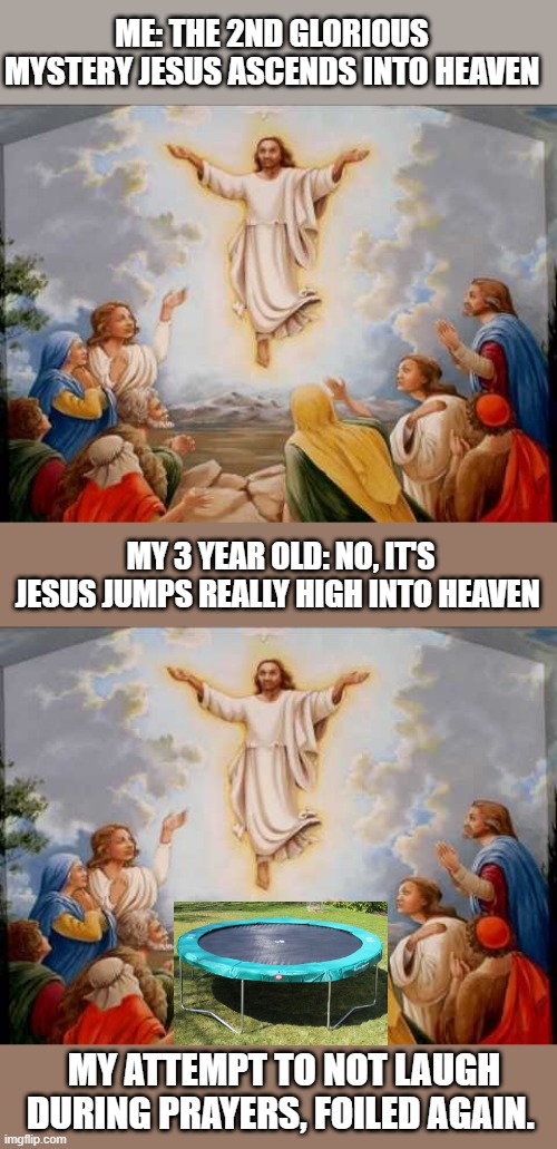I mean how else would He do it? | ME: THE 2ND GLORIOUS MYSTERY JESUS ASCENDS INTO HEAVEN; MY 3 YEAR OLD: NO, IT'S JESUS JUMPS REALLY HIGH INTO HEAVEN; MY ATTEMPT TO NOT LAUGH DURING PRAYERS, FOILED AGAIN. | image tagged in jesus ascends into heaven | made w/ Imgflip meme maker