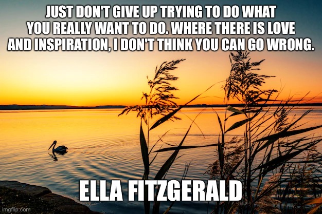JUST DON'T GIVE UP TRYING TO DO WHAT YOU REALLY WANT TO DO. WHERE THERE IS LOVE AND INSPIRATION, I DON'T THINK YOU CAN GO WRONG. ELLA FITZGERALD | image tagged in memes,motivational | made w/ Imgflip meme maker