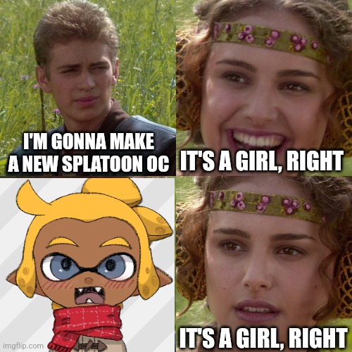 Cinna suprisingly has no gender | I'M GONNA MAKE A NEW SPLATOON OC; IT'S A GIRL, RIGHT; IT'S A GIRL, RIGHT | image tagged in anakin padme 4 panel | made w/ Imgflip meme maker