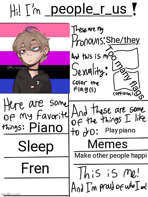 I prefer they/them pronouns, but if those can't be used, I prefer feminine pronouns | people_r_us; She/they; Too many flags; Piano; Play piano; Sleep; Memes; Make other people happi; Fren | image tagged in lgbtq stream account profile | made w/ Imgflip meme maker