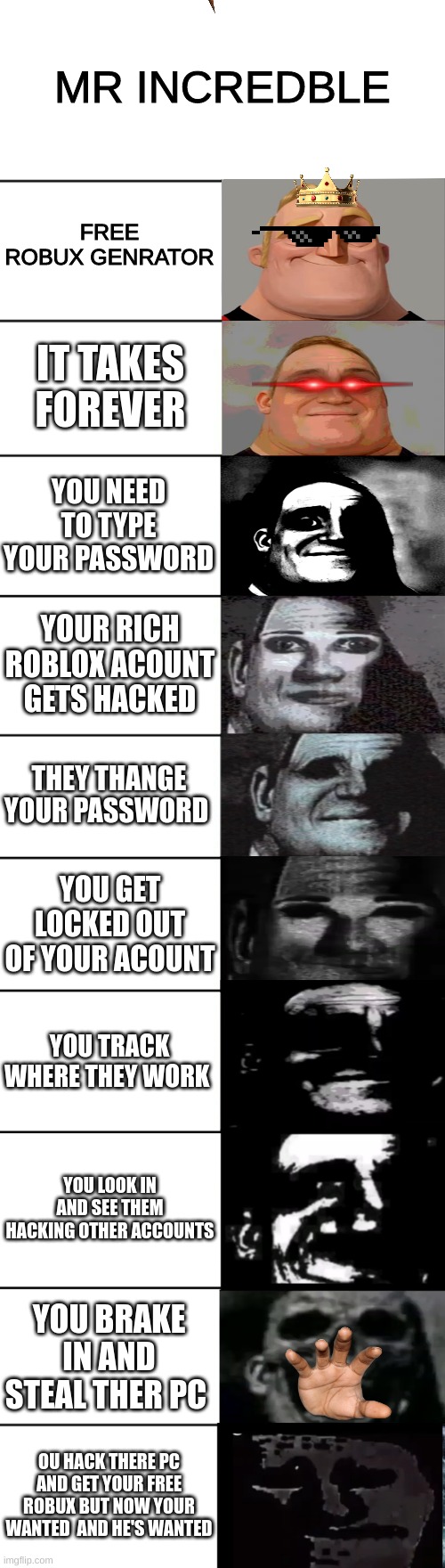 Mr. Incredible becoming uncanny | MR INCREDBLE; FREE ROBUX GENRATOR; IT TAKES FOREVER; YOU NEED TO TYPE YOUR PASSWORD; YOUR RICH ROBLOX ACOUNT GETS HACKED; THEY THANGE YOUR PASSWORD; YOU GET LOCKED OUT OF YOUR ACOUNT; YOU TRACK WHERE THEY WORK; YOU LOOK IN AND SEE THEM HACKING OTHER ACCOUNTS; YOU BRAKE IN AND STEAL THER PC; OU HACK THERE PC AND GET YOUR FREE ROBUX BUT NOW YOUR WANTED  AND HE'S WANTED | image tagged in mr incredible becoming uncanny | made w/ Imgflip meme maker