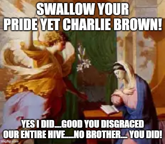 SWALLOW YOUR PRIDE YET CHARLIE BROWN! YES I DID....GOOD YOU DISGRACED OUR ENTIRE HIVE.....NO BROTHER.... YOU DID! | made w/ Imgflip meme maker
