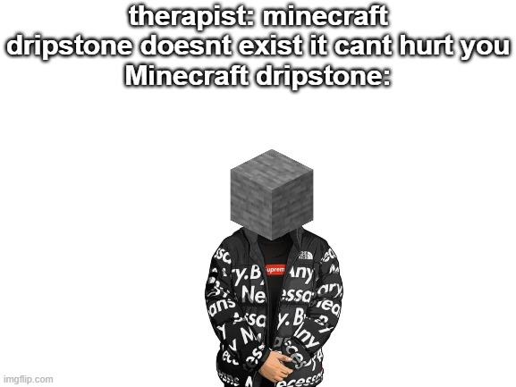 Sheeesh stone looking drippy | therapist: minecraft dripstone doesnt exist it cant hurt you
Minecraft dripstone: | image tagged in blank white template | made w/ Imgflip meme maker