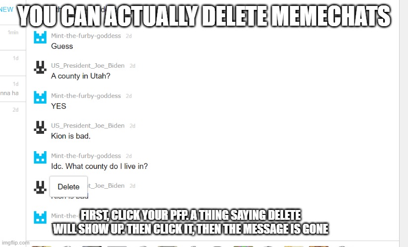 Memechat | YOU CAN ACTUALLY DELETE MEMECHATS; FIRST, CLICK YOUR PFP. A THING SAYING DELETE WILL SHOW UP. THEN CLICK IT, THEN THE MESSAGE IS GONE | image tagged in memechat,memes,president_joe_biden | made w/ Imgflip meme maker