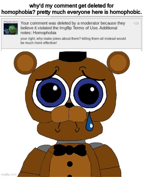 moderator, i will find you. and i will kill you. | why'd my comment get deleted for homophobia? pretty much everyone here is homophobic. | image tagged in fnaf,five nights at freddys,five nights at freddy's,homophobic | made w/ Imgflip meme maker