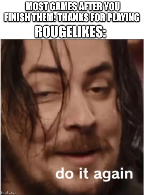 Do it again | ROUGELIKES:; MOST GAMES AFTER YOU FINISH THEM: THANKS FOR PLAYING | image tagged in do it again | made w/ Imgflip meme maker
