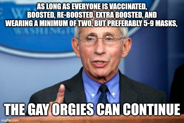 Dr. Fauci | AS LONG AS EVERYONE IS VACCINATED, BOOSTED, RE-BOOSTED, EXTRA BOOSTED, AND WEARING A MINIMUM OF TWO, BUT PREFERABLY 5-9 MASKS, THE GAY ORGIE | image tagged in dr fauci | made w/ Imgflip meme maker