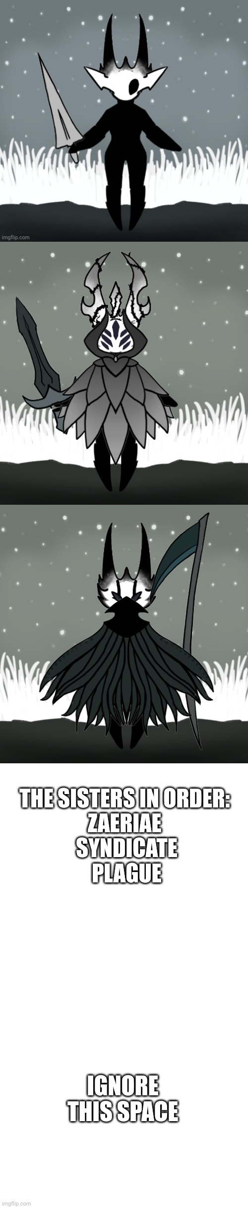 Pov: While exploring a field, you see them standing in a circle, talking, wdyd? (RULES IN COMMENTS) | THE SISTERS IN ORDER: 
ZAERIAE 
SYNDICATE
PLAGUE; IGNORE THIS SPACE | image tagged in long blank white,hollow knight | made w/ Imgflip meme maker