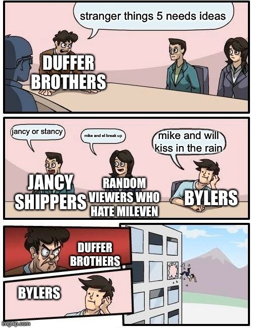 we need a kiss | stranger things 5 needs ideas; DUFFER BROTHERS; jancy or stancy; mike and el break up; mike and will kiss in the rain; JANCY SHIPPERS; RANDOM VIEWERS WHO HATE MILEVEN; BYLERS; DUFFER BROTHERS; BYLERS | image tagged in memes,boardroom meeting suggestion | made w/ Imgflip meme maker