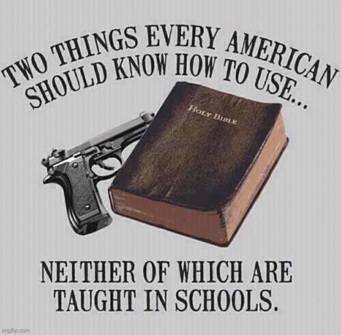 Neither of which *is* taught in schools, actually | image tagged in two things every american should know how to use | made w/ Imgflip meme maker