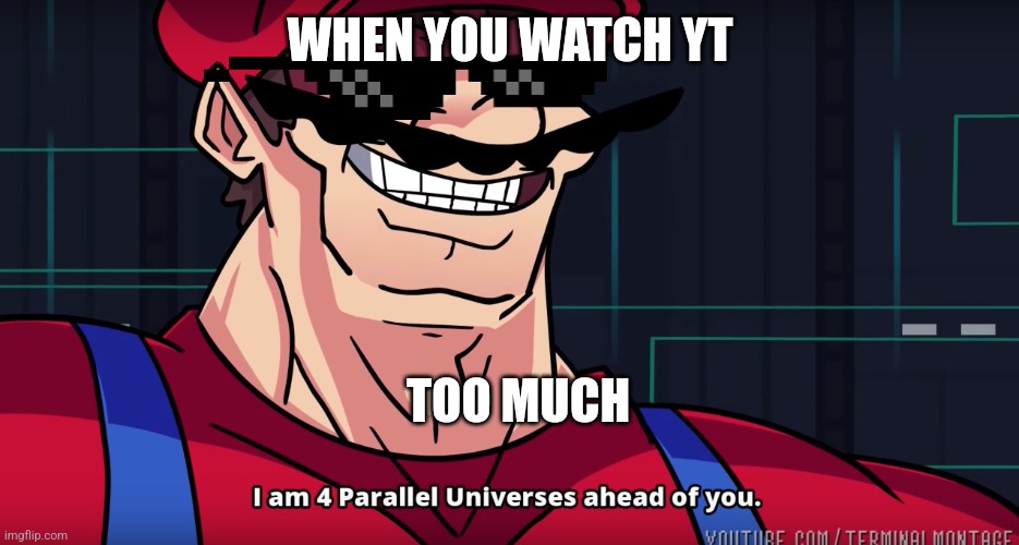 Bruh | WHEN YOU WATCH YT; TOO MUCH | image tagged in mario i am four parallel universes ahead of you | made w/ Imgflip meme maker