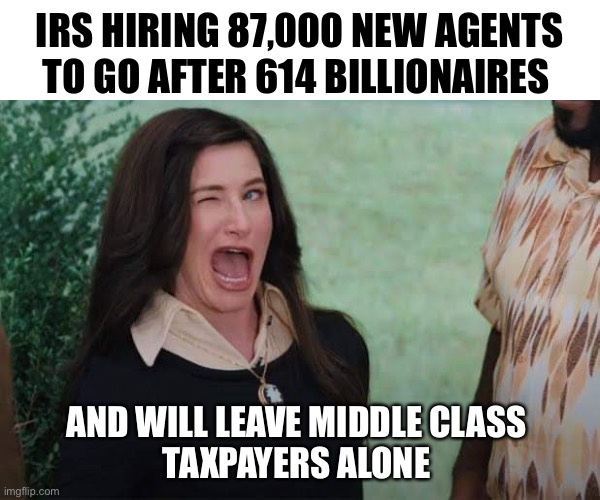For whom the bell tolls | IRS HIRING 87,000 NEW AGENTS TO GO AFTER 614 BILLIONAIRES; AND WILL LEAVE MIDDLE CLASS 
TAXPAYERS ALONE | image tagged in wandavision agnes wink | made w/ Imgflip meme maker